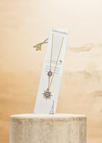 Altın Renk Zincir Güneş Tasarımlı Nazar Boncuğu Detaylı Kolye - Görsel 2