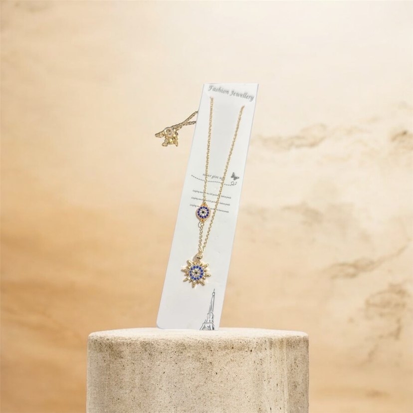 Altın Renk Zincir Güneş Tasarımlı Nazar Boncuğu Detaylı Kolye - Görsel 2