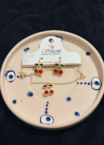 Altın Renkli Mini Kirazlı Zincir Kolye Küpe Set - Görsel 3