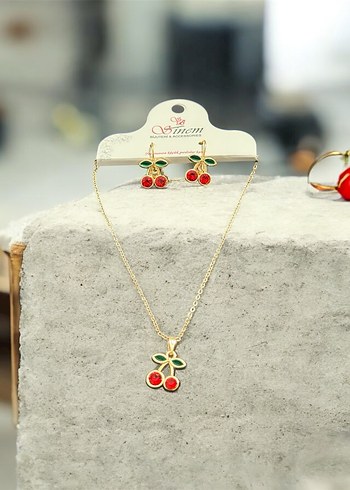 Altın Renkli Mini Kirazlı Zincir Kolye Küpe Set - Görsel 2