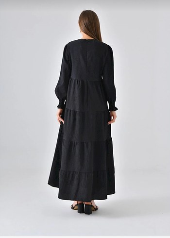 Siyah gofret kumaş Uzun Elbise - Görsel 4