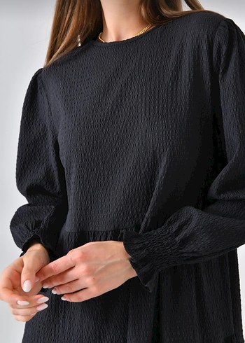 Siyah gofret kumaş Uzun Elbise - Görsel 3