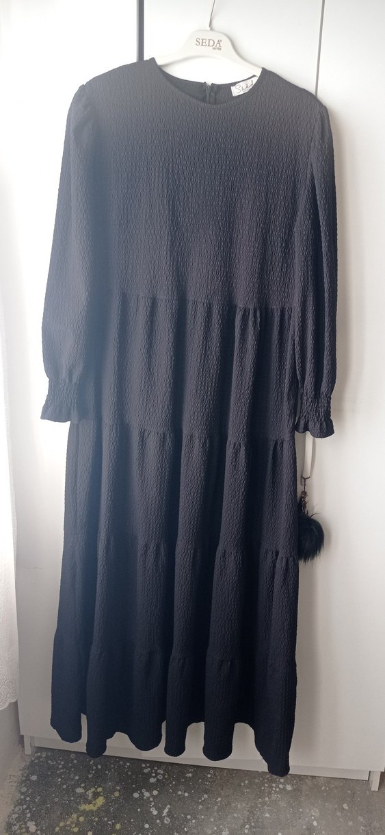 Siyah gofret kumaş Uzun Elbise - Görsel 5