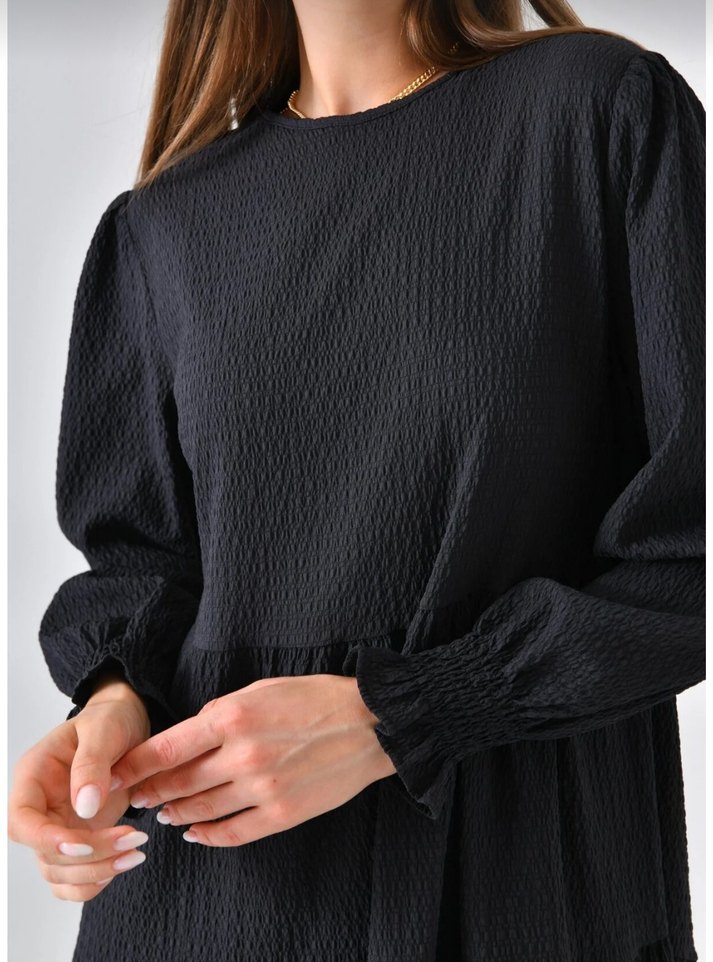 Siyah gofret kumaş Uzun Elbise - Görsel 3