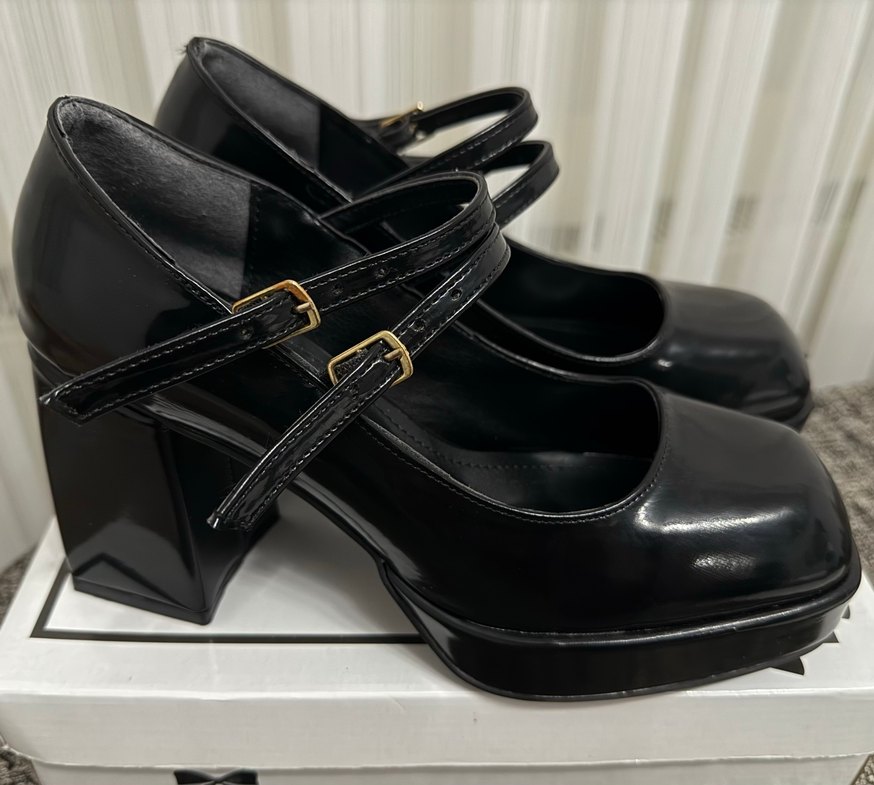 Siyah Kareli Tokalı Blok Topuk Kadın Ayakkabı - Görsel 2