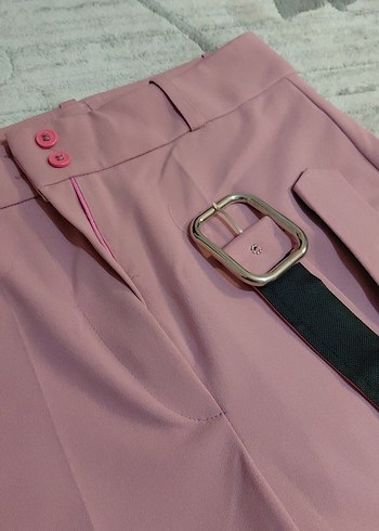 Pembe Kemerli Kadın Kumaş Pantolon - Görsel 2
