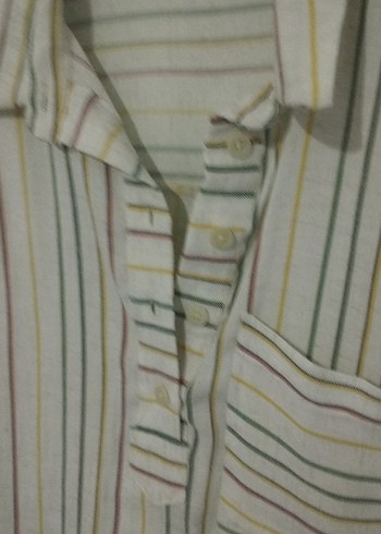 Kadın Bej Çizgili Düğmeli Gömlek - Görsel 3