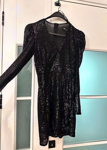 Siyah Simli Yılan Desenli Mini Elbise - Görsel 4