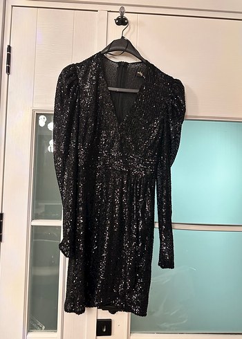 Siyah Simli Yılan Desenli Mini Elbise - Görsel 5