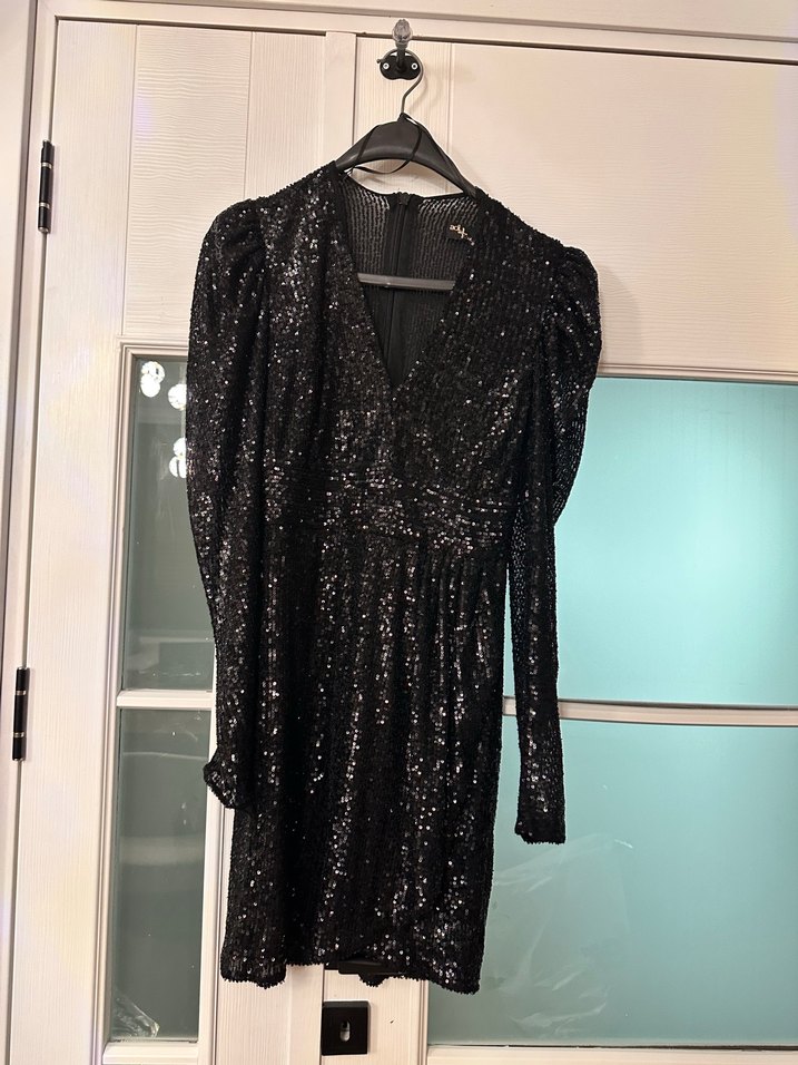 Siyah Simli Yılan Desenli Mini Elbise - Görsel 5