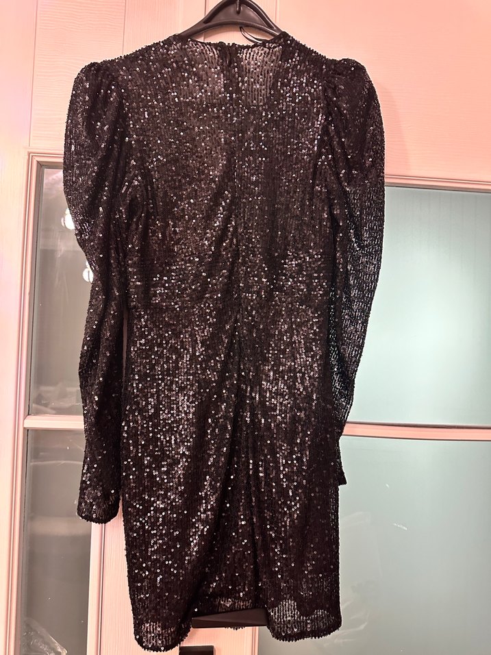 Siyah Simli Yılan Desenli Mini Elbise - Görsel 3