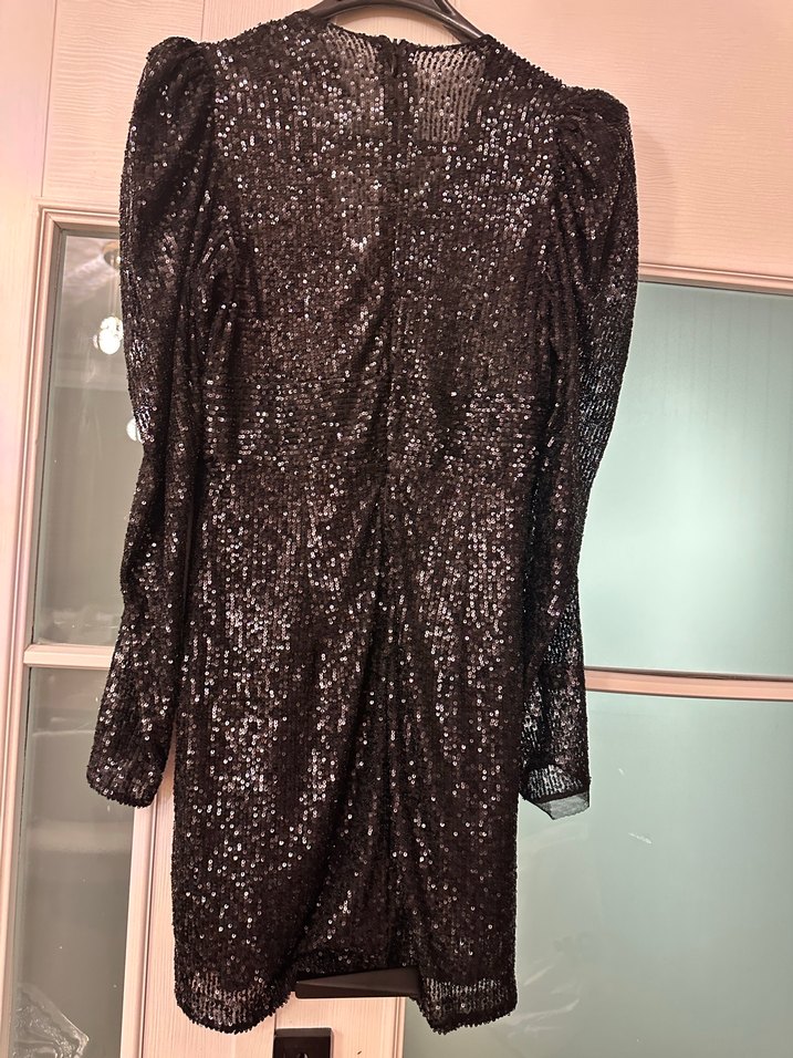 Siyah Simli Yılan Desenli Mini Elbise - Görsel 2