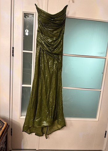 Parlak Haki Yılan Desenli Uzun Abiye Elbise - Görsel 4