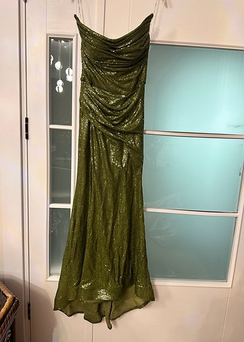 Parlak Haki Yılan Desenli Uzun Abiye Elbise - Görsel 2