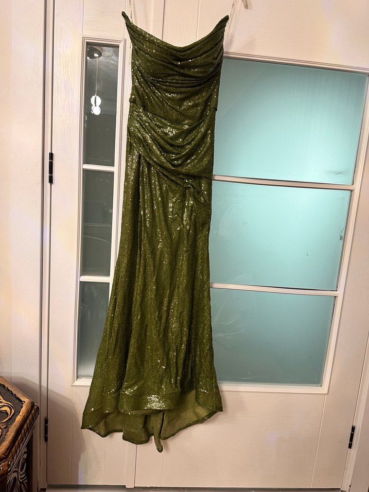 Parlak Haki Yılan Desenli Uzun Abiye Elbise - Görsel 4