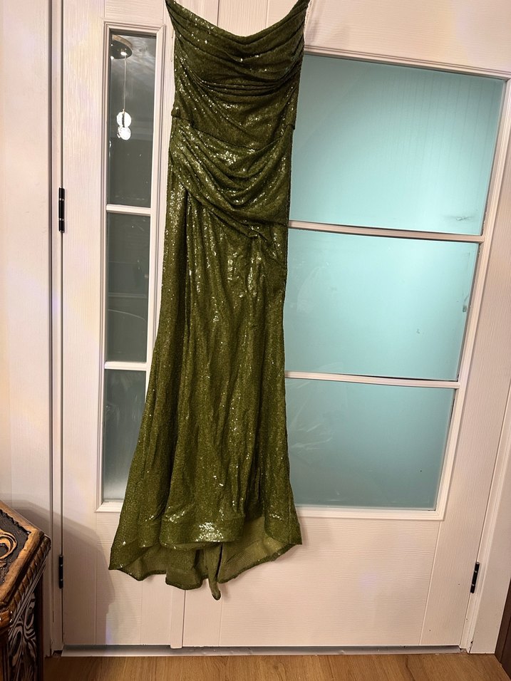 Parlak Haki Yılan Desenli Uzun Abiye Elbise - Görsel 5