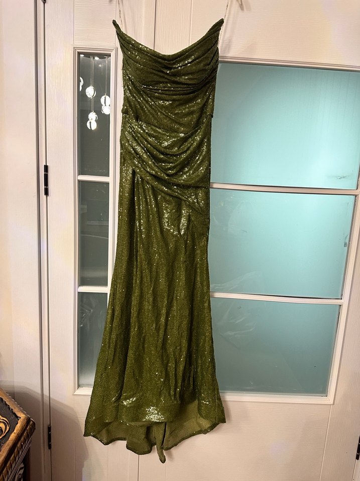 Parlak Haki Yılan Desenli Uzun Abiye Elbise - Görsel 2