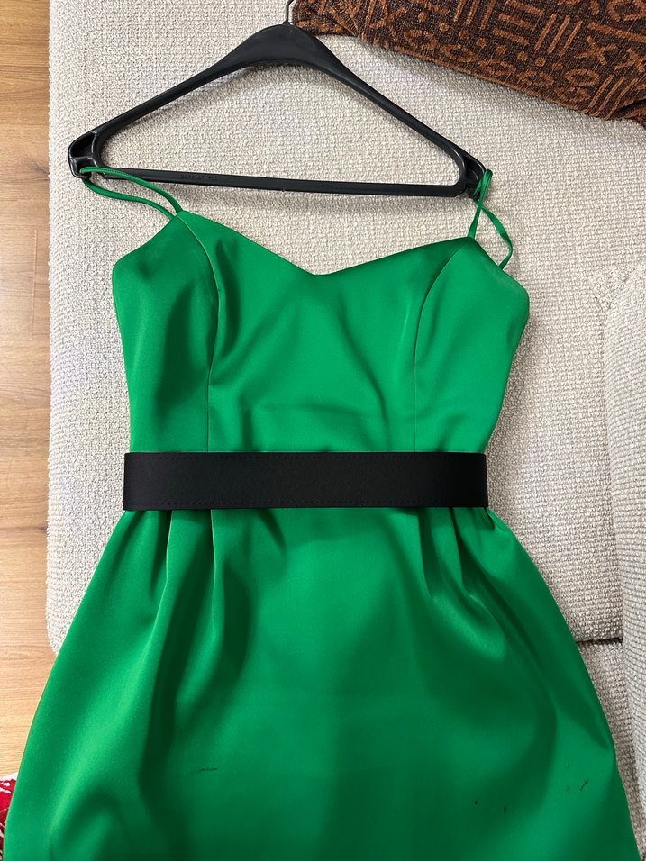 Yeşil Parlak Kemerli Mini Elbise - Görsel 2