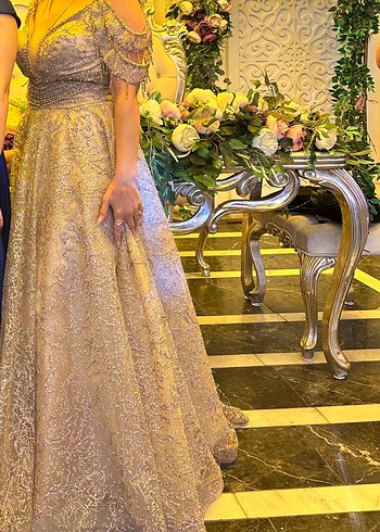 Bej Simli Uzun Abiye Elbise - Görsel 5