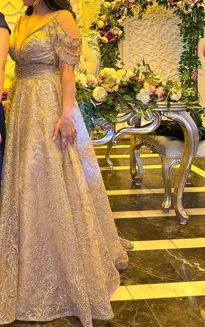 Bej Simli Uzun Abiye Elbise - Görsel 5