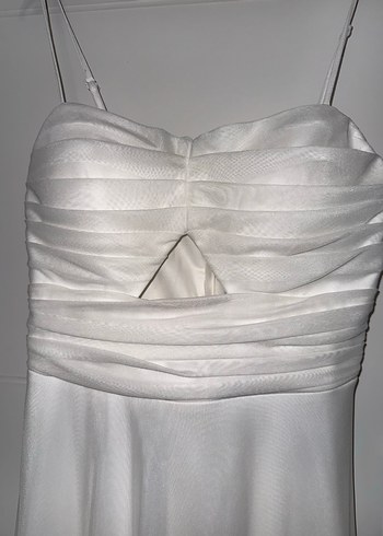 Beyaz Askılı Uzun Drapeli tül abiye - Görsel 2