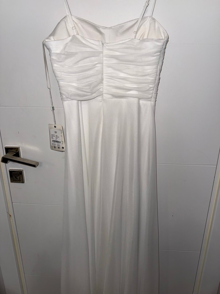 Beyaz Askılı Uzun Drapeli  tül abiye - Görsel 3