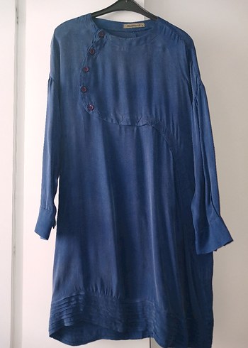 Düğmeli Lacivert Keten Uzun Kollu Kadın Tunik - Görsel 3