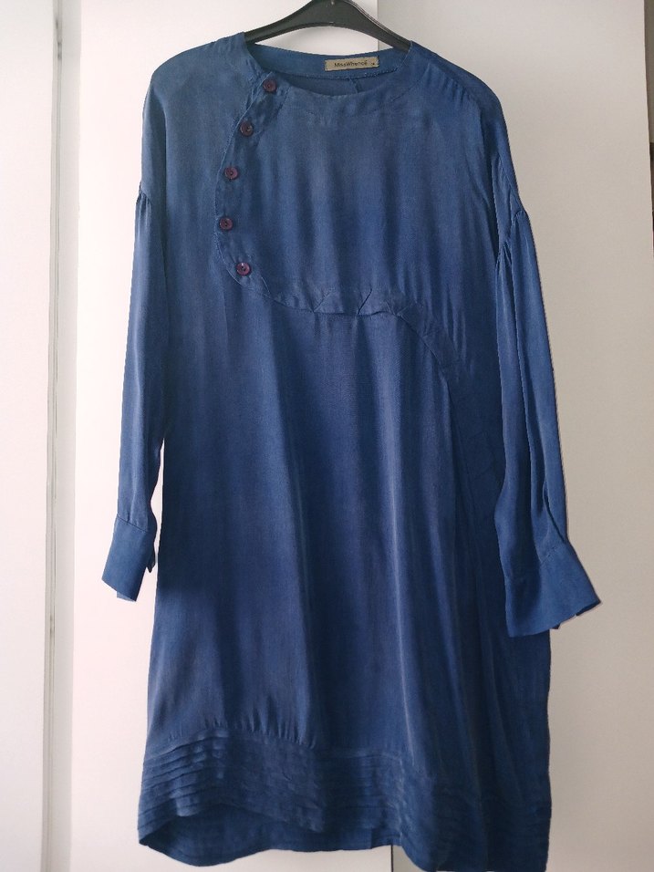 Düğmeli Lacivert Keten Uzun Kollu Kadın Tunik - Görsel 3