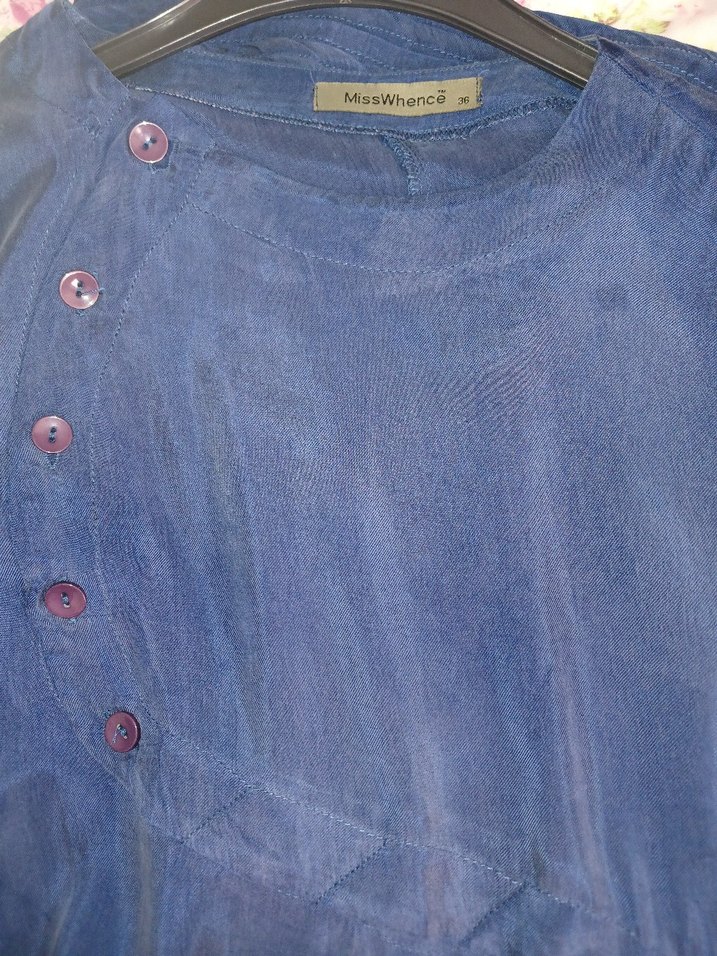 Düğmeli Lacivert Keten Uzun Kollu Kadın Tunik - Görsel 2