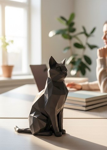 Koyu Siyah Geometrik Kedi Figürü - Görsel 2