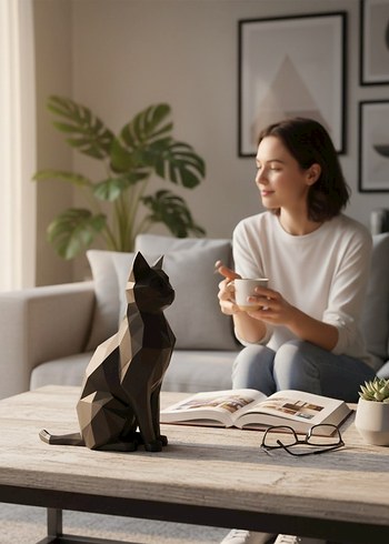 Koyu Siyah Geometrik Kedi Figürü - Görsel 3