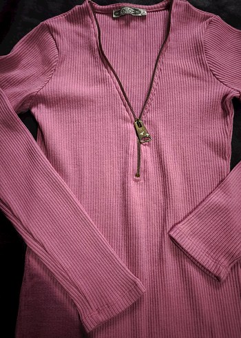 Pembe V Yakalı Uzun Kollu Triko Elbise - Görsel 3