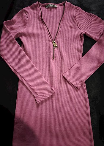 Pembe V Yakalı Uzun Kollu Triko Elbise - Görsel 2