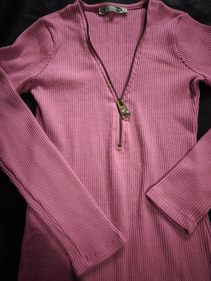 Pembe V Yakalı Uzun Kollu Triko Elbise - Görsel 3