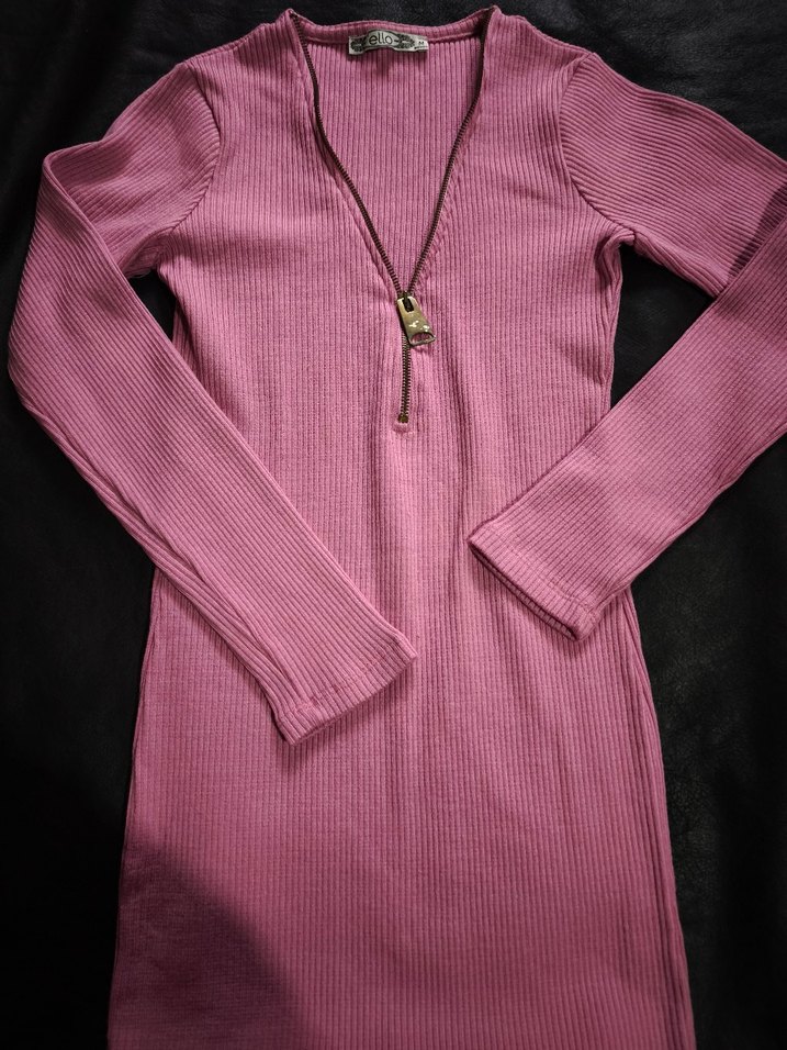 Pembe V Yakalı Uzun Kollu Triko Elbise - Görsel 2