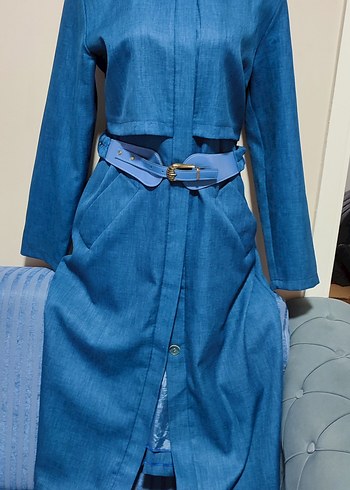 #Mavi Kot Kumaş Kadın Kemer trençkot - Görsel 2