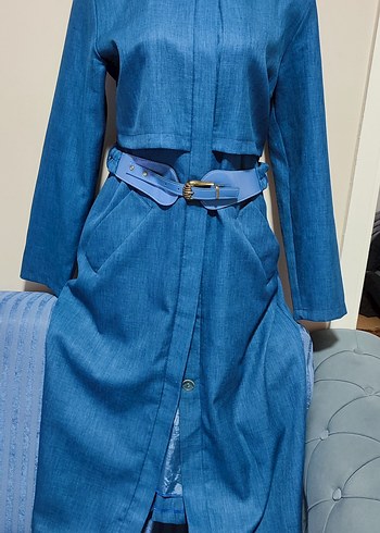 #Mavi Kot Kumaş Kadın Kemer trençkot - Görsel 3