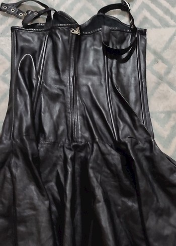 #Deri Kadın Siyah Deri Goth Midi Elbise - Görsel 2