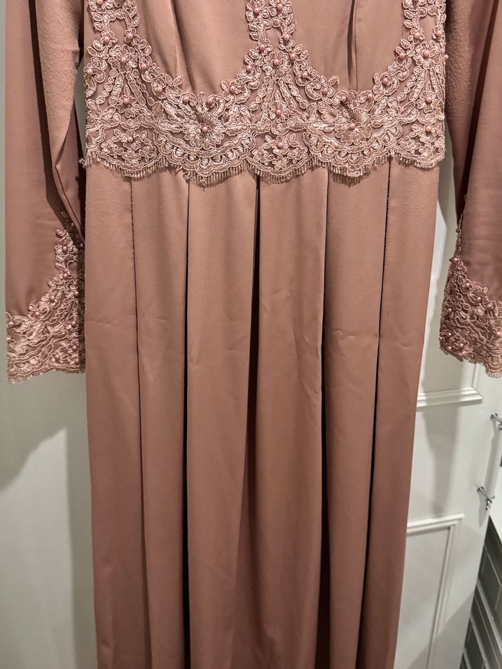 pudra renkli Nakışlı Uzun Kollu Kadın Abiye Elbise - Görsel 2