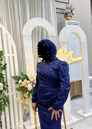 Drapeli Uzun Lacivert Abiye Elbise - Görsel 2