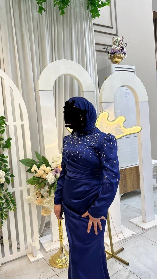 Drapeli Uzun Lacivert Abiye Elbise - Görsel 2