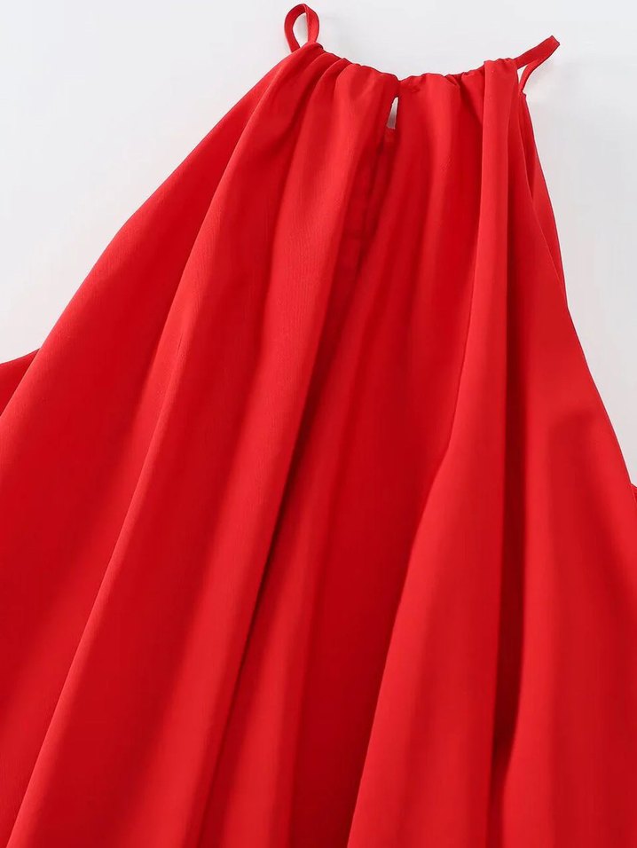 Kırmızı Drapeli Midi Kolsuz Elbise - Görsel 2