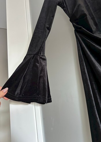 Uzun Siyah Kadife Drape Kadın Elbise - Görsel 3