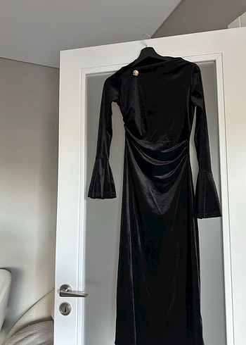 Uzun Siyah Kadife Drape Kadın Elbise - Görsel 2