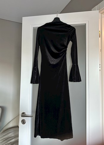 Uzun Siyah Kadife Drape Kadın Elbise - Görsel 6