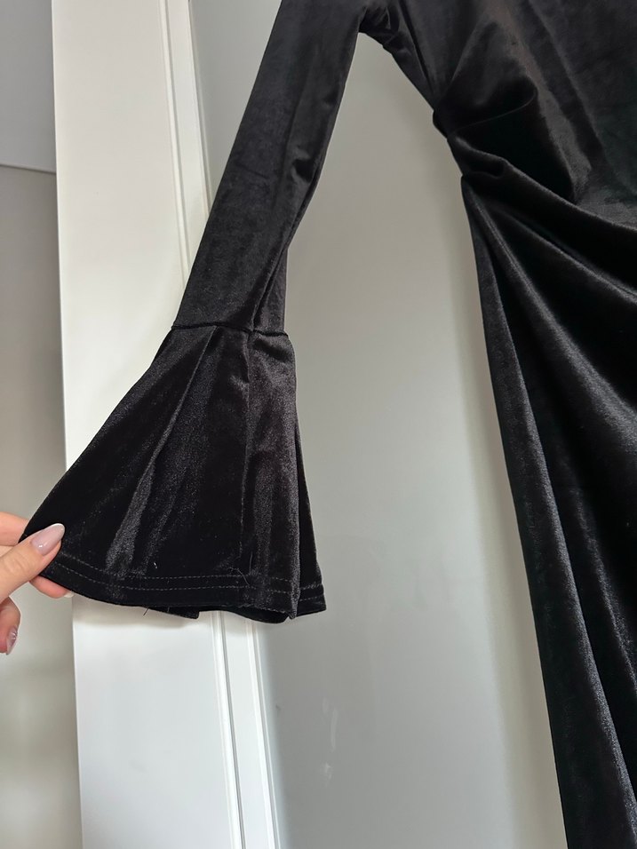 Uzun Siyah Kadife Drape Kadın Elbise - Görsel 3