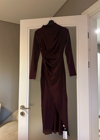 Bordo Uzun Drapeli Kadın Elbise - Görsel 2