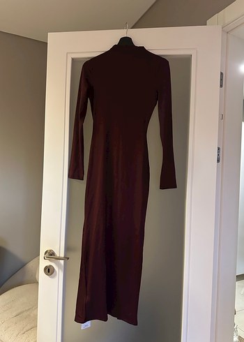 Bordo Uzun Drapeli Kadın Elbise - Görsel 5
