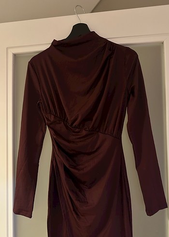 Bordo Uzun Drapeli Kadın Elbise - Görsel 4