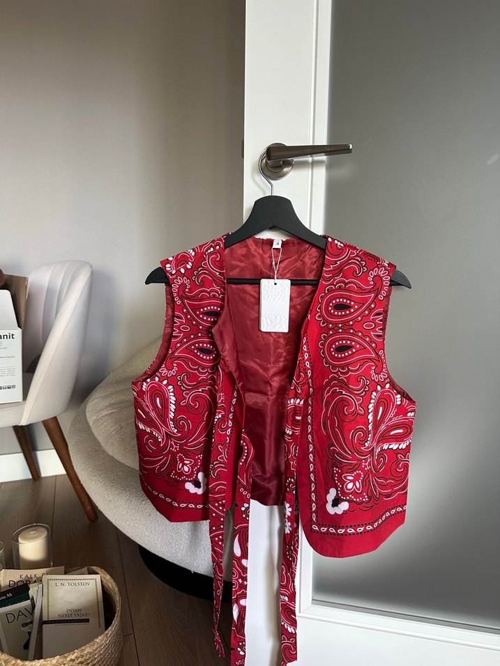 Kırmızı kadın bohem yelek - Görsel 3